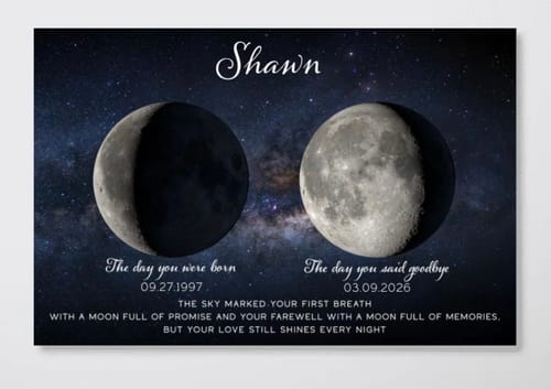 Customer's personalized Moon Phase Art poster for 'Shawn,' showing two moons with dates against a starry background.
