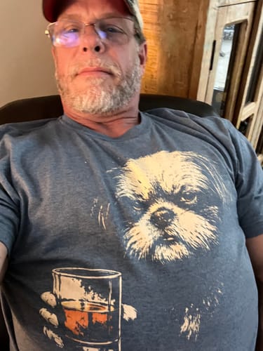 Customer wearing the grey Whiskey Shih Tzu Grunge T-Shirt, showing the full graphic.