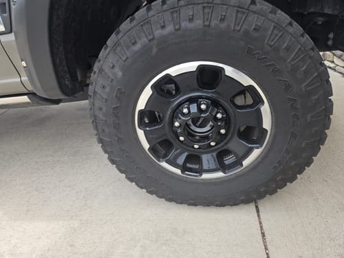 Close-up of a customer's truck wheel after installing the 2-inch wheel spacers.