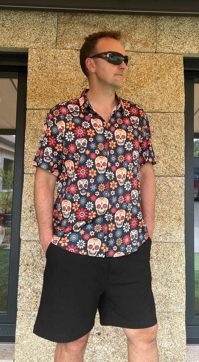 Customer photo review of Men's Sugar Skull Punk Rock Holiday Cool Beach Short Sleeve Summer Shirt