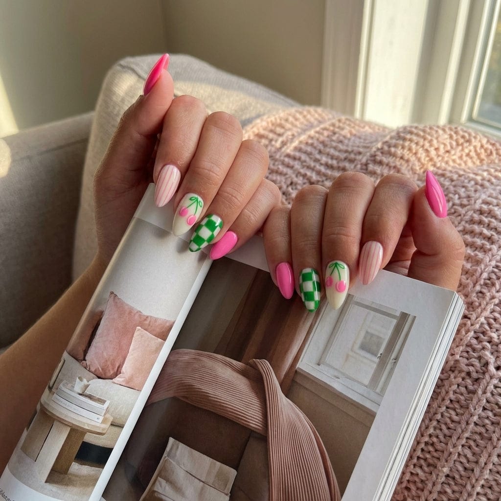 Customer photo review of Pink Heart Swirl — White & Glitter Press-On Nails