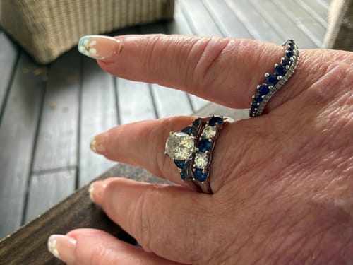 Customer photo review of Round Created Sapphire Curved Sterling Silver Wedding Band Ring