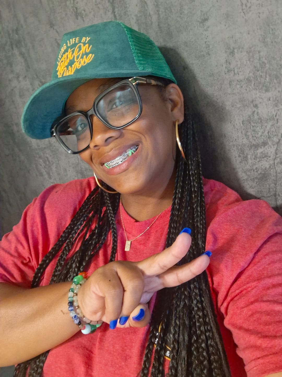 Customer photo review of Living Life by Faith On Purpose Green Trucker Hat