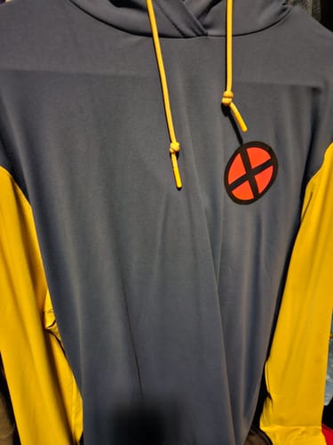 Customer's review photo of the X-Men 'X-Suit' performance hoodie, showing the blue chest, yellow sleeves, and logo.
