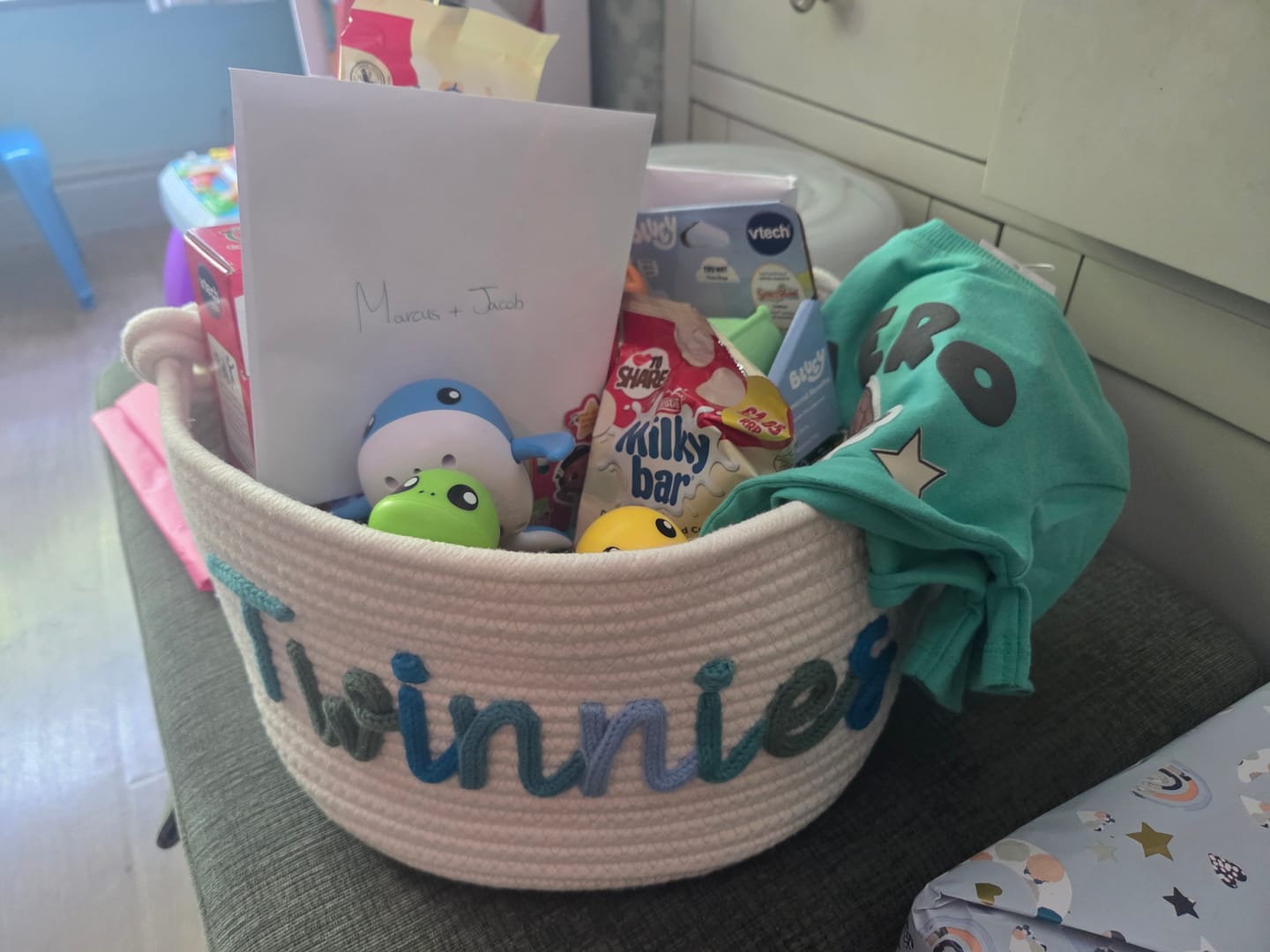 Customer photo review of Baby Knits™  Multicolor Personalized Knitted Basket
