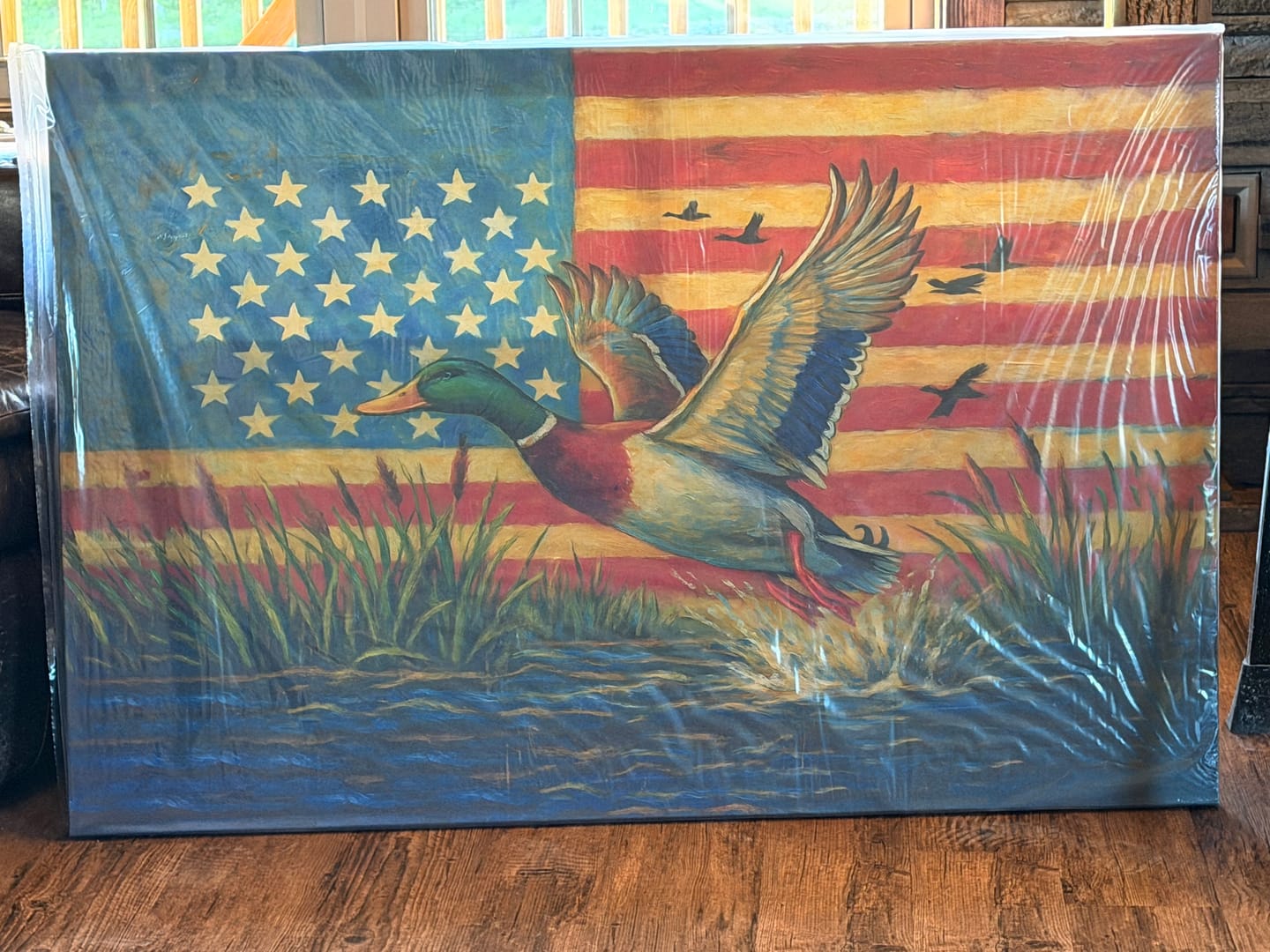 Customer photo review of Duck Hunting Canvas – Mallard Flying with American Flag Rustic Wall Art for Hunters