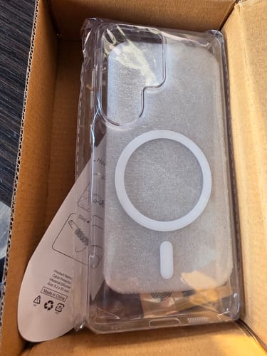 Customer's Anti Yellow Magsafe Clear Case for Samsung in its packaging inside a box.