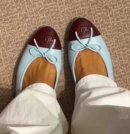 Customer photo review of Chanel 2026 Ballet Flat Light Blue And Burgundy Lambskin