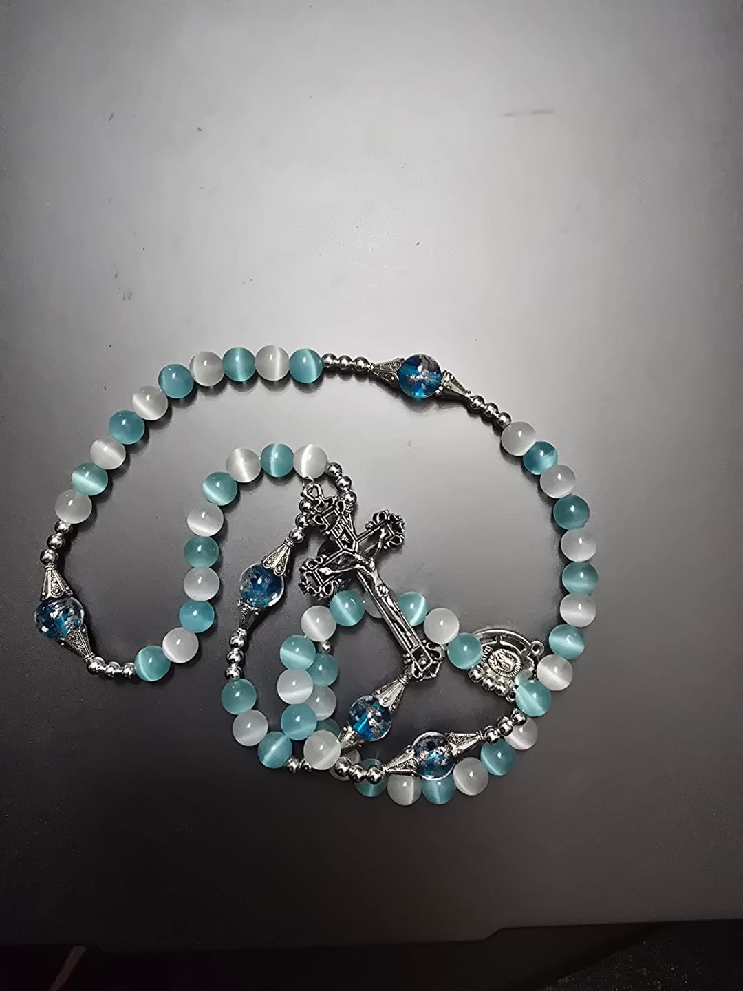 Customer photo review of FREE Today: Glittering Cat's Eye Stone & Blue Star Glass Rosary with Sacred Heart