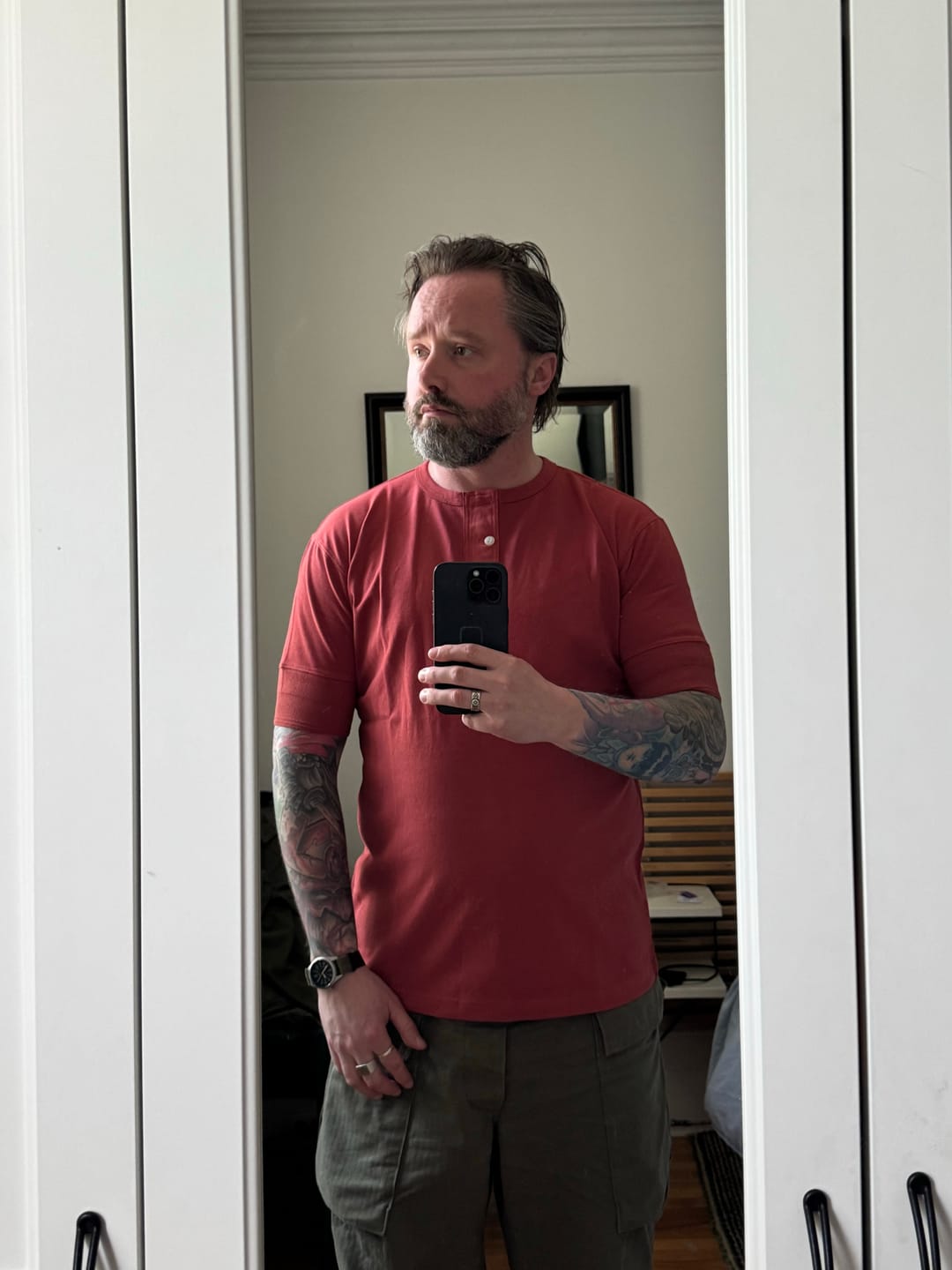 Customer photo review of Vintage Short Sleeve Henley T-Shirt - Brick Red