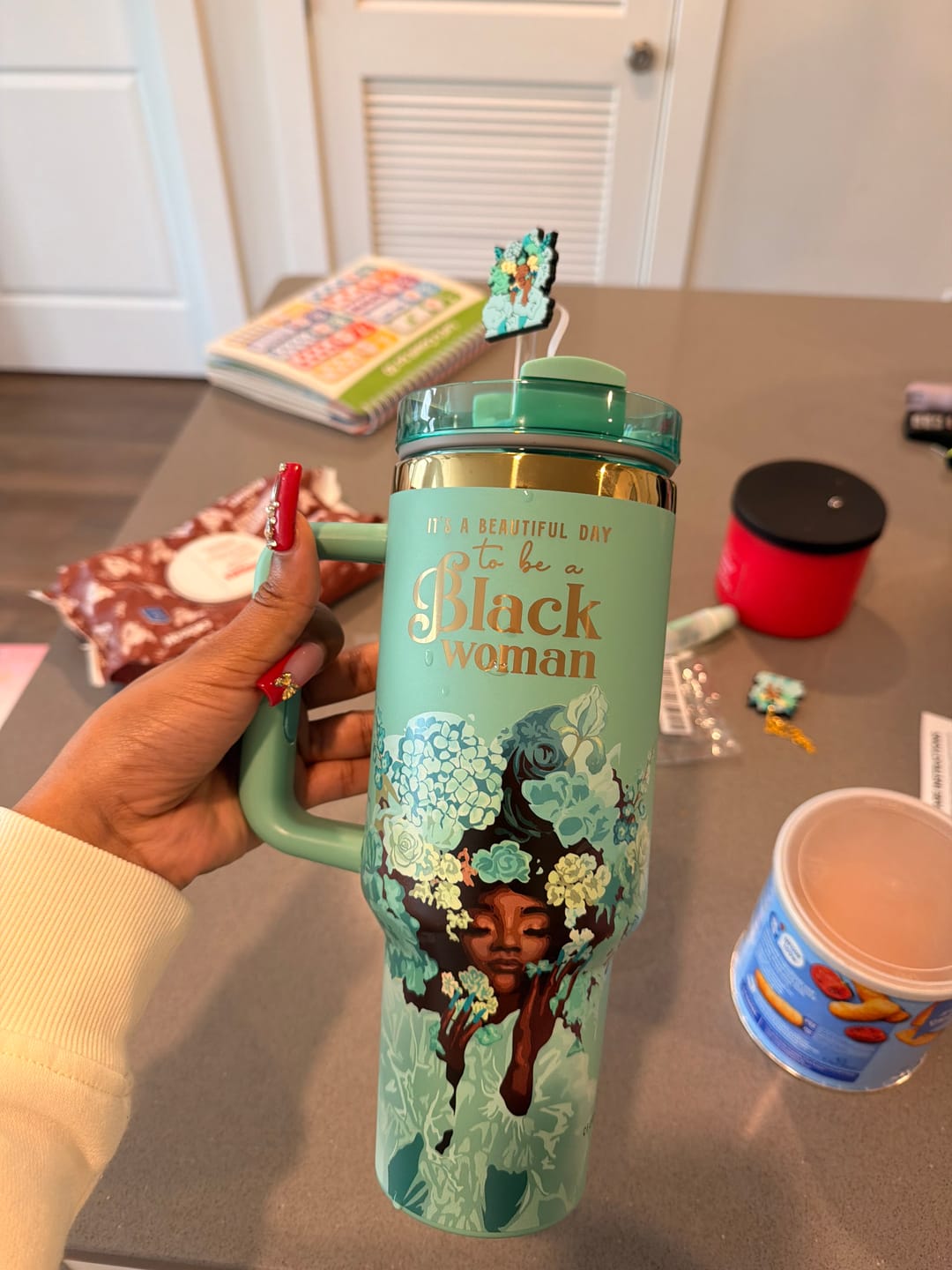 Customer photo review of Tiffany Blue “Royalty Blossomed”  Insulated Tumbler – "It’s a Beautiful Day to be a Black Woman"