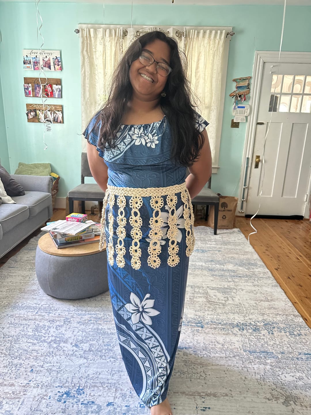 Customer photo review of Tonga Off Shoulder Long Dress White Hibiscus Blue Pattern