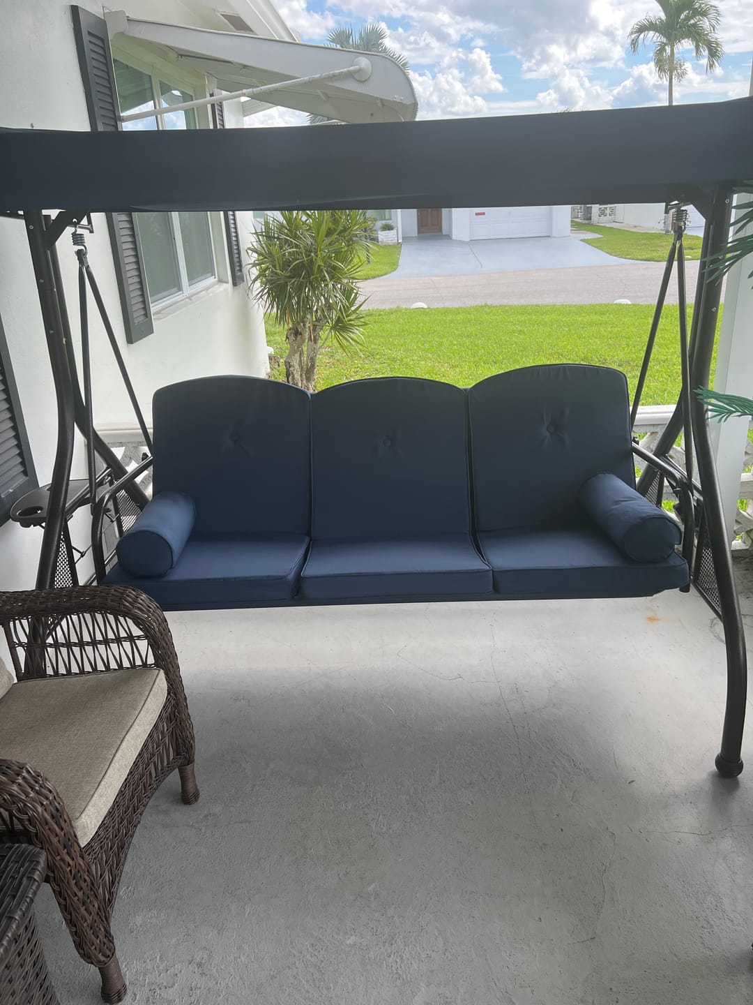 Customer photo review of Homrest 3-Seater Outdoor Porch Swing with Stand, Adjustable Canopy & Backrest, Blue