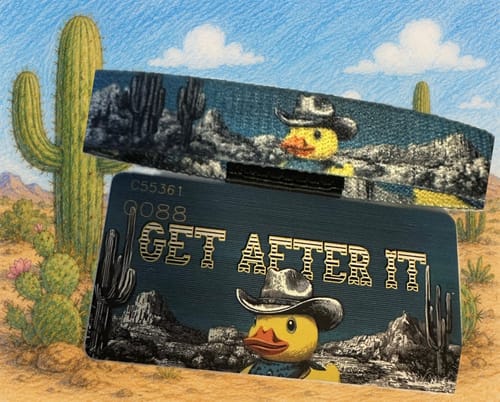 Customer's Get After It Bracelet and matching card, both showing a rubber duck in a cowboy hat in a western desert scene.