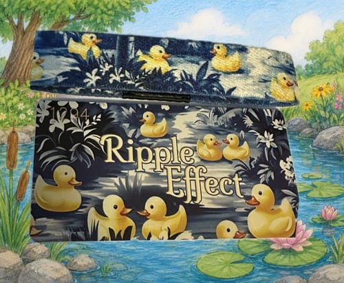 Reviewer's Ripple Effect bracelet and card, showing outer and inner designs with cute yellow rubber ducks.