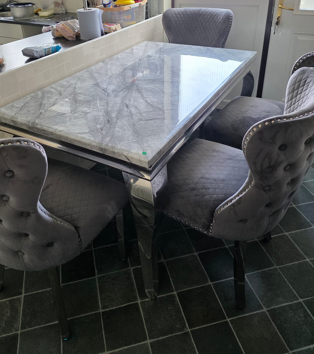 Customer photo review of Cream Marble & Gold Dining Set With Victoria Cream & Gold Lion Knocker Velvet Chairs