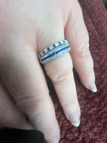 Customer photo review of Alternating Moissanite And Sapphire Eternity Wedding Band Ring
