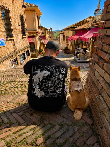 Reviewer sitting on brick steps with a dog, showing the back of the black Ying Yang Koi T-Shirt.