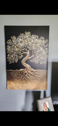 Customer's Tree of Life Wall Art with a golden trunk and sparkling leaves on a black canvas.