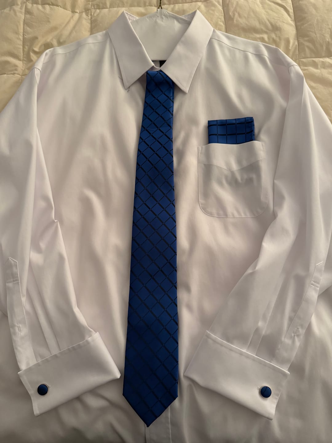 Customer photo review of Barry. Wang Navy Blue Tie Black Lines Plaid Men's Wedding Necktie Set
