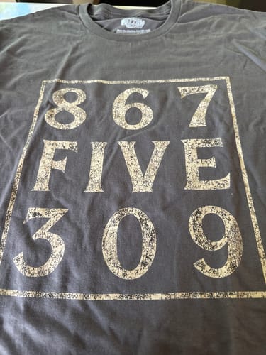 Customer's close-up of their grey 8675309 T-Shirt, showing the distressed graphic on the chest.