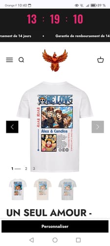 Kunden-Screenshot des weißen, personalisierbaren T-Shirts 'ONE LOVE' mit einer Grafik im Anime-Stil.