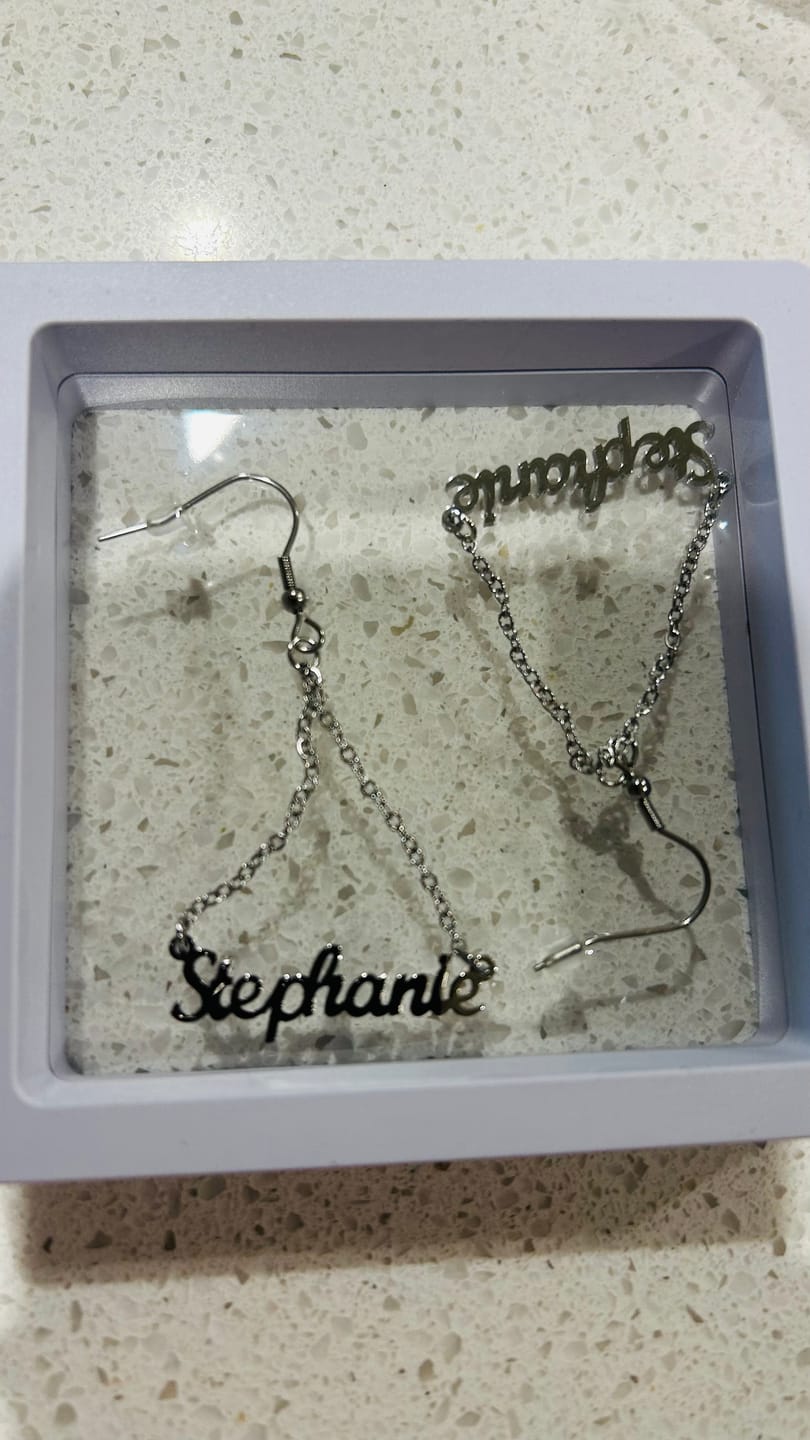 Customer photo review of Name Dangle Earrings