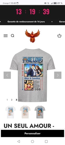 Screenshot eines Kunden, der das personalisierte T-Shirt 'ONE LOVE' auf der Produktseite zeigt.