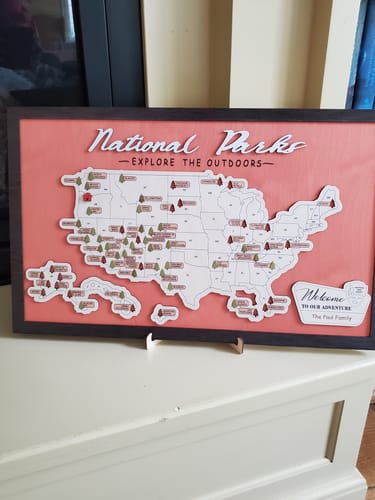 Customer photo review of US Wooden National Parks Travel Map With Trees To Record Park Visits (Light Walnut)