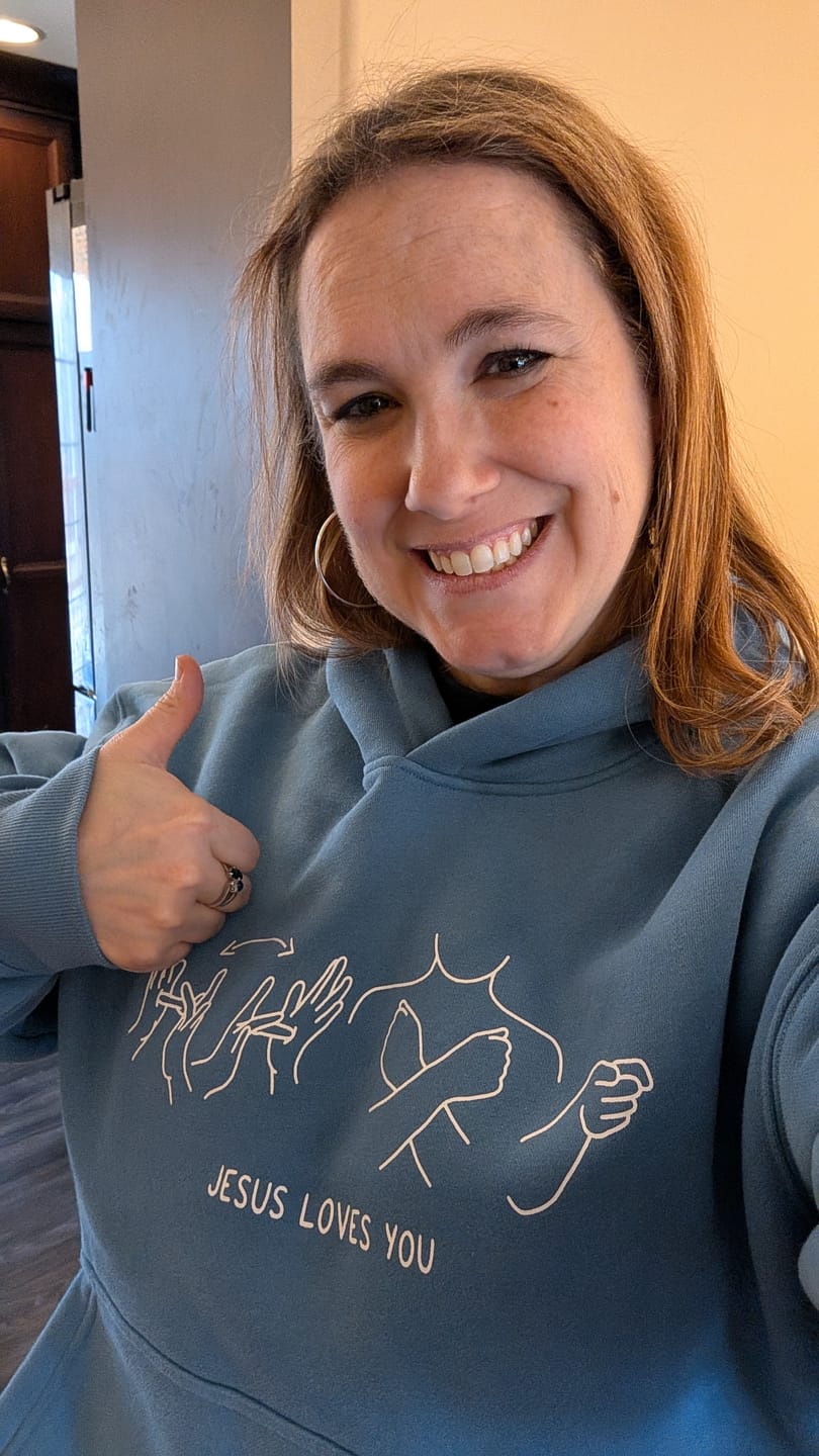 Customer photo review of JESUS LOVES YOU ASL HOODIE
