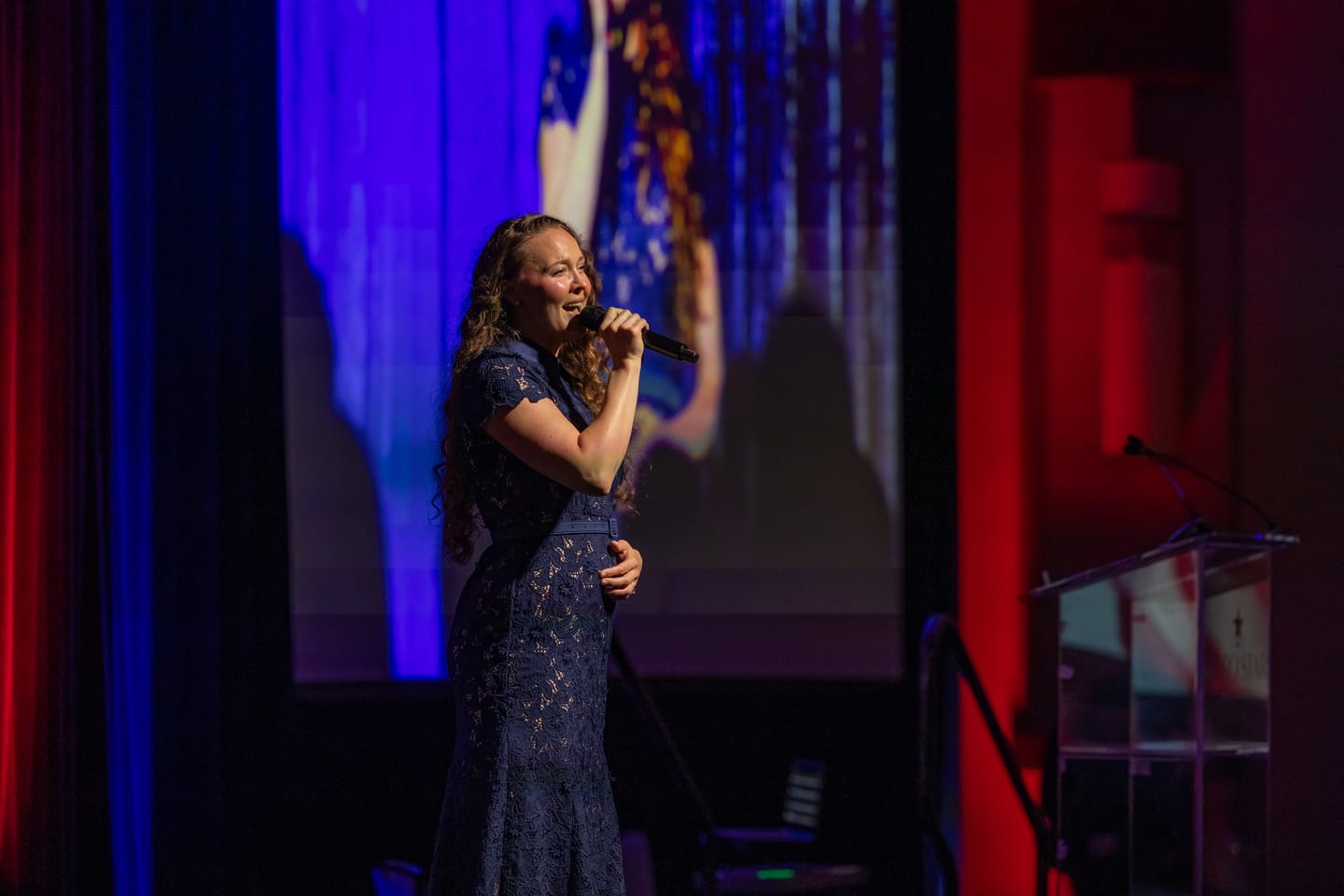 Customer photo review of Lace Midi Dress with Belted Waist and Collared Neckline – Navy