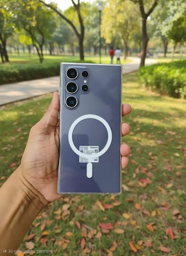 Customer holding their smartphone outdoors, which is protected by the UltraShield Tempered Glass.