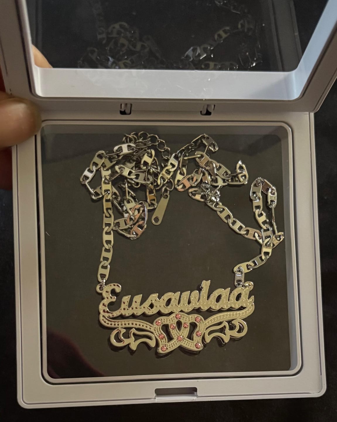 Customer photo review of Double Plated Double Heart Name Necklace w/ Clip Chain