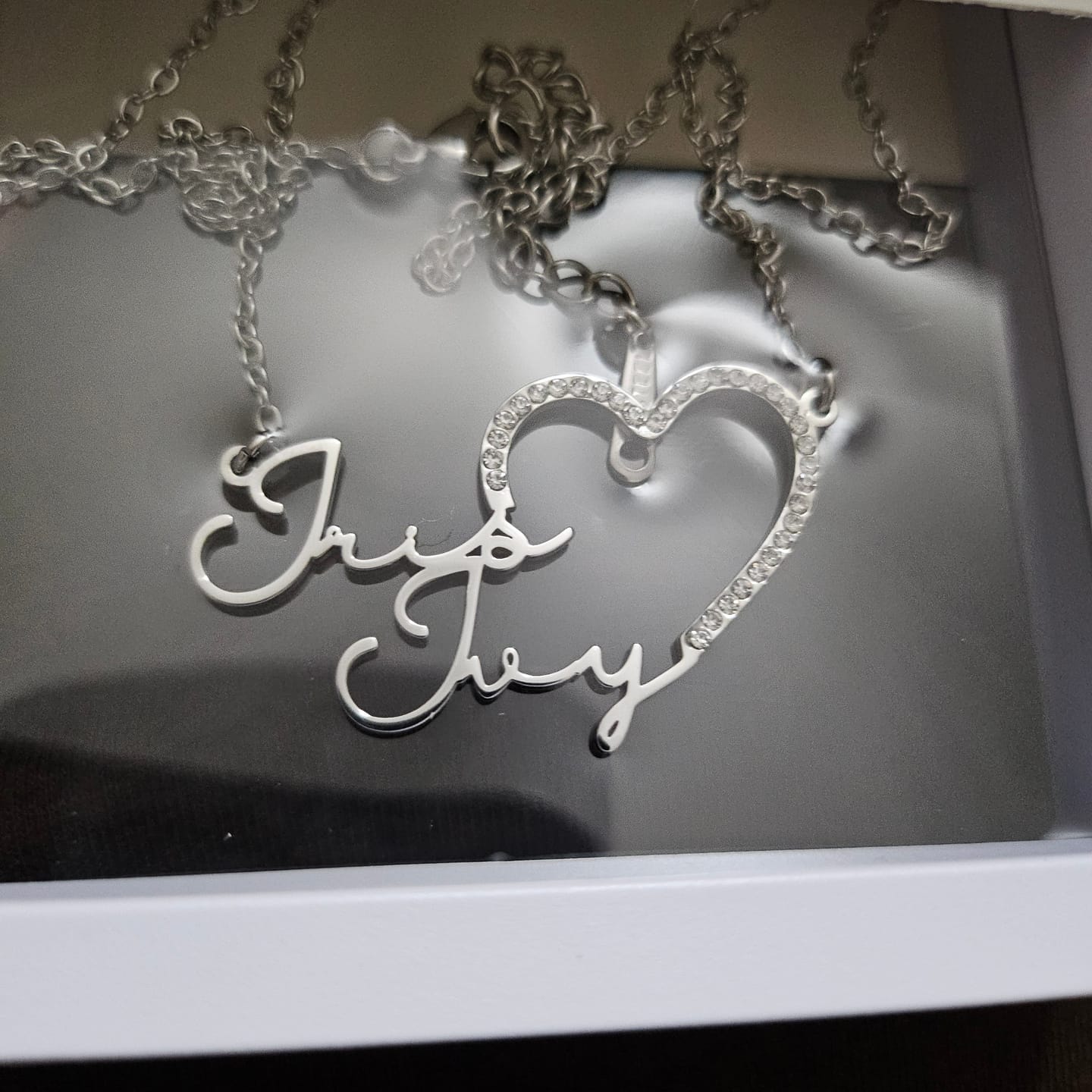 Customer photo review of Iced Heart Double Script Name Necklace