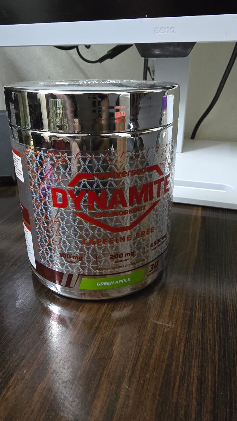 Customer photo review of Dynamite Pre-Workout Caffeine Free (390g, 30 Servs) | Green Apple