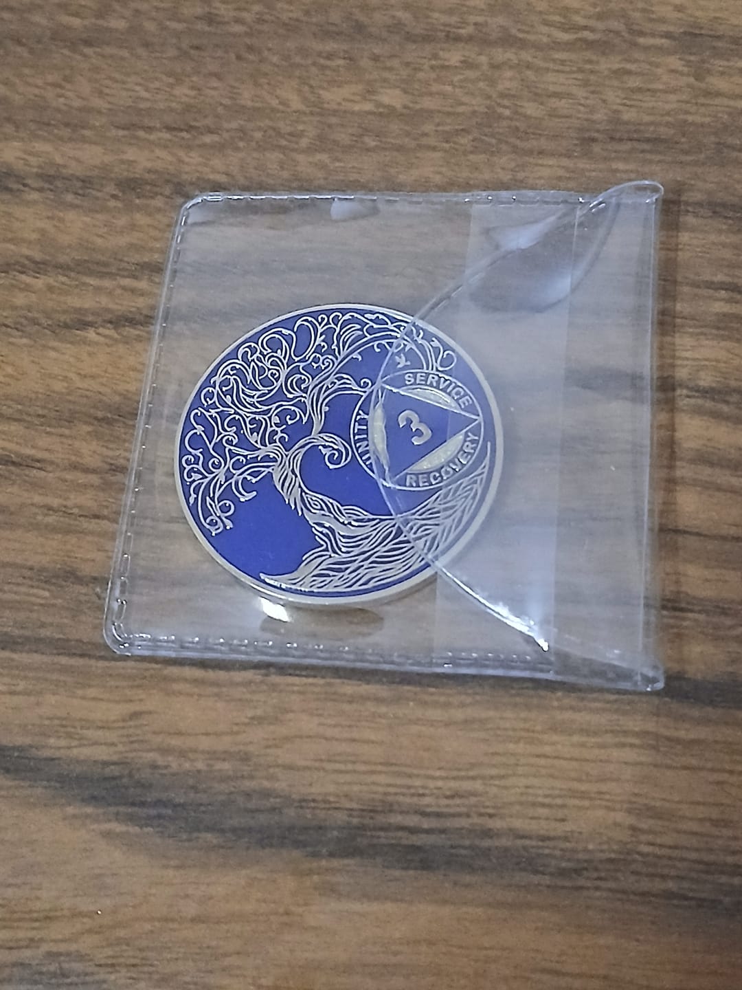 Customer photo review of 1 to 50 Year Sobriety Mint Twisted Tree of Life Gold Plated AA Recovery Medallion/Chip/Coin - Blue