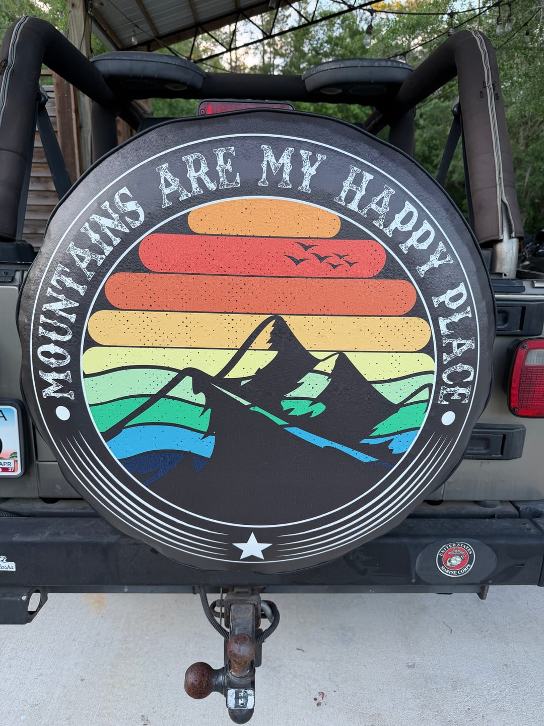 Customer photo review of Mountains are my Happy Place Unique Spare Tire Cover