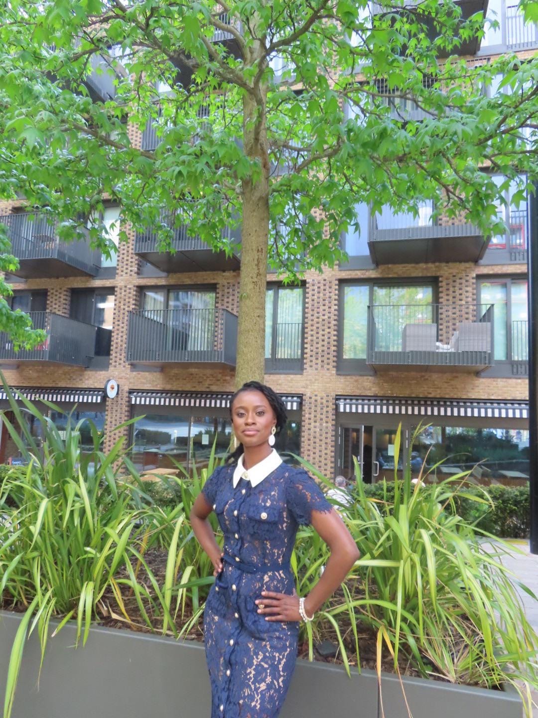 Customer photo review of Floral Lace Midi Dress with Tailored Collar and Belted Waist - Navy
