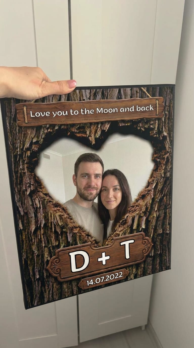 Customer photo review of Couples Canvas - with your Initials, Photo and Date on Wood