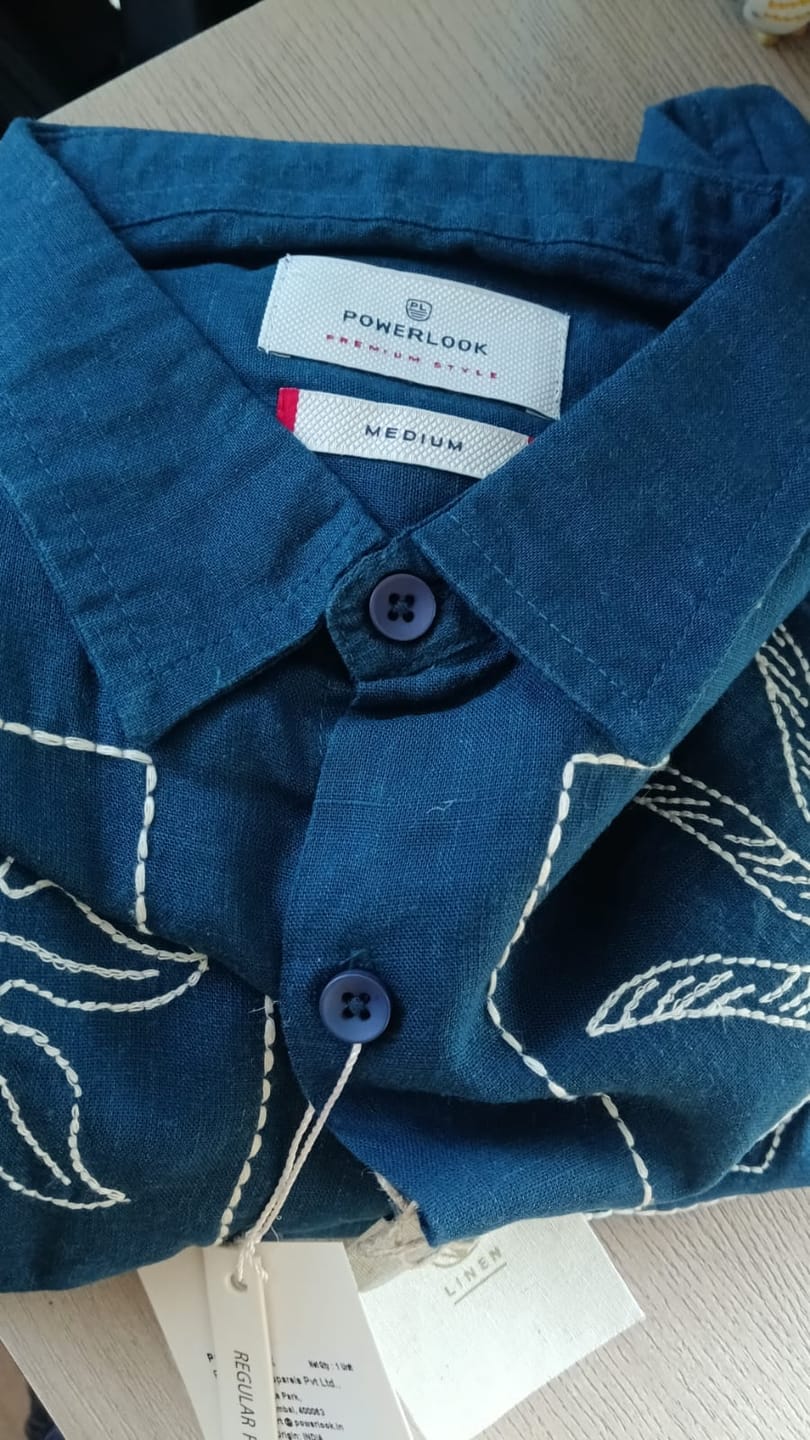 Customer photo review of Blue Linen Blend Embroidery Shirt