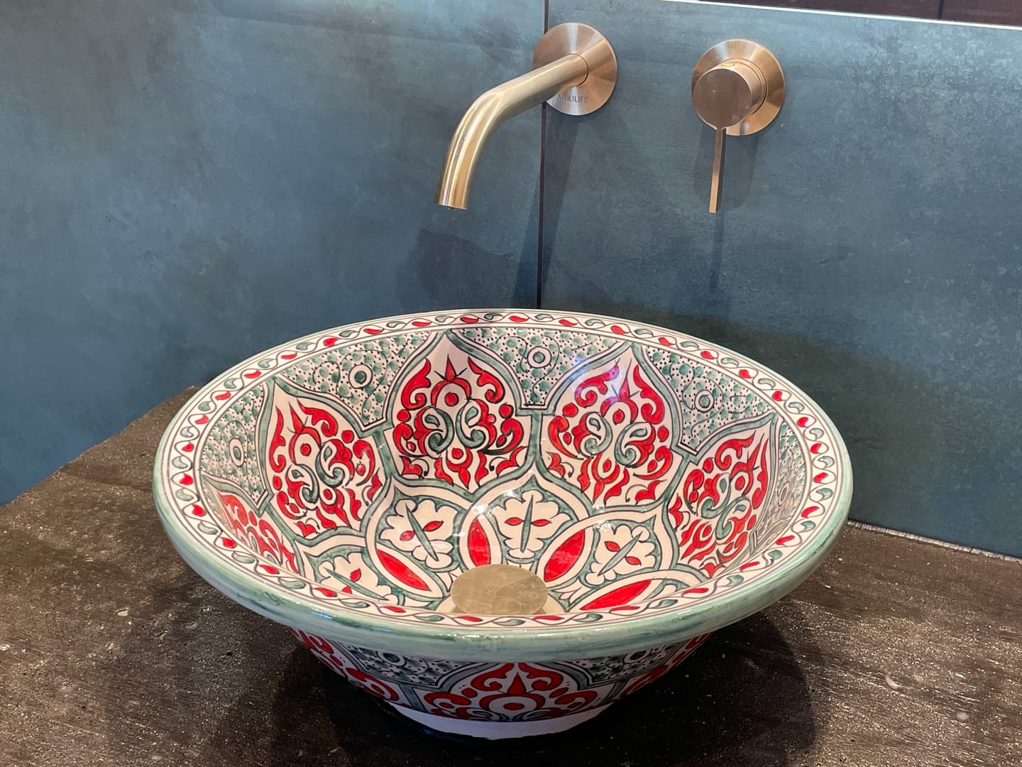 Customer photo review of Florence - Handmade Moroccan Round Ceramic Sink – Vibrant Red and Teal Top Counter Vessel Sink - (ETMMT)