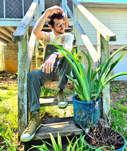 Customer photo review of “STAY TRUE” Embroidered Patch Two-Tone Striped Overalls