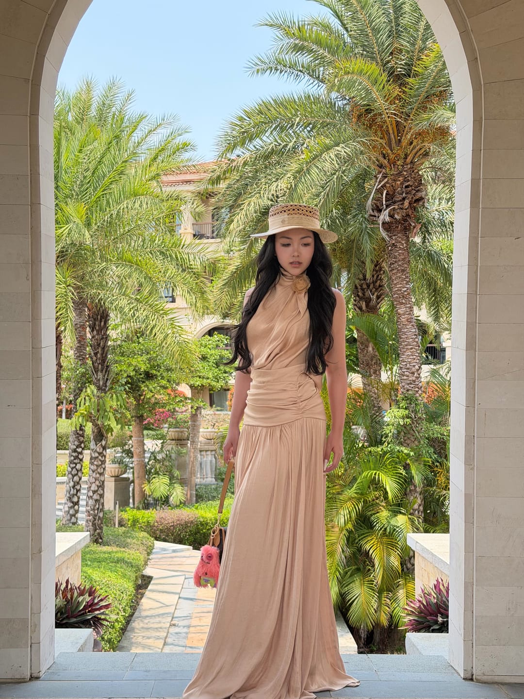 Customer photo review of ROVENTE Draped Backless Rose Maxi Dress