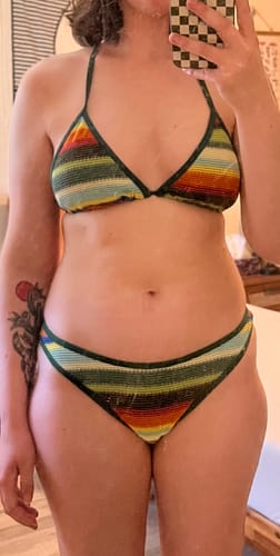 Customer photo review of Seamolly Vintage Colorblock Stripes Triangle Halter Tied Cheeky Bikini Set