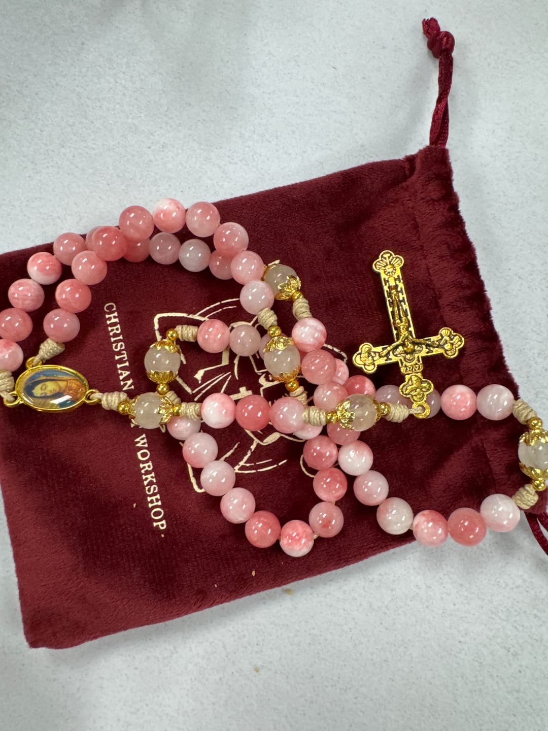 Customer photo review of FREE Today: Handmade Pink Persian Jade Rosary with Brass Crucifix and Our Lady Charm