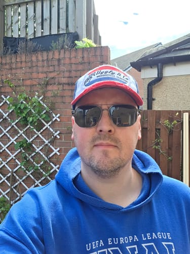 Customer photo review of White & Red Flat Track Trucker Hat
