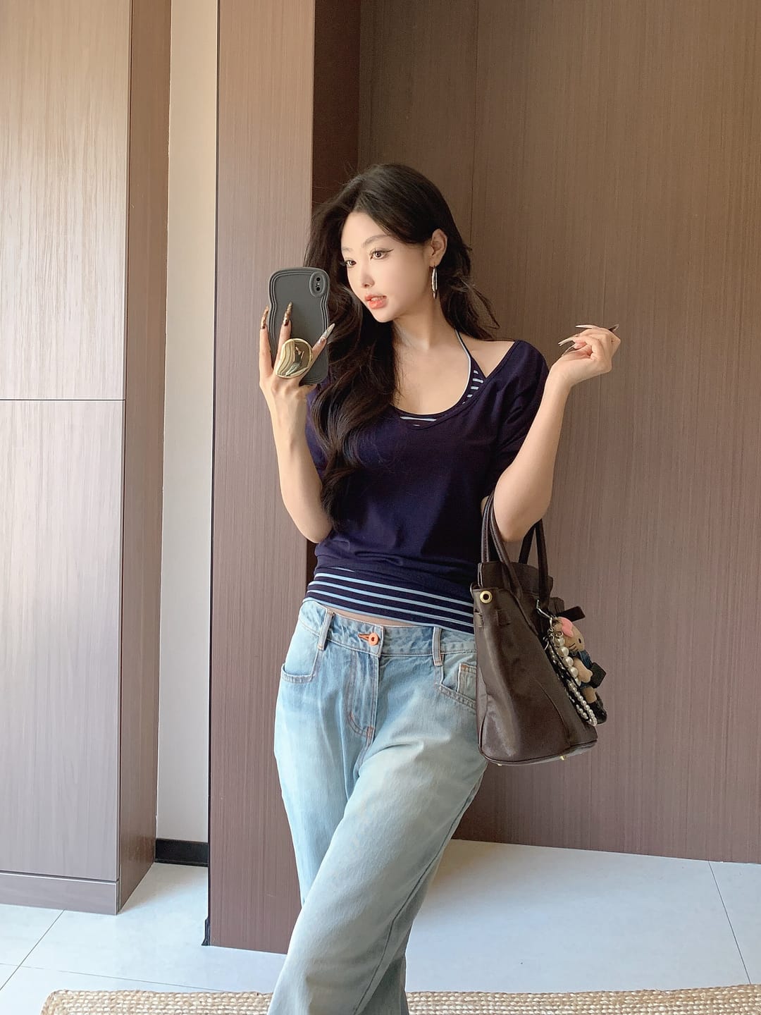 Customer photo review of IAMXIAA Navy Layered Stripe Halter & Slouchy V-Neck Top