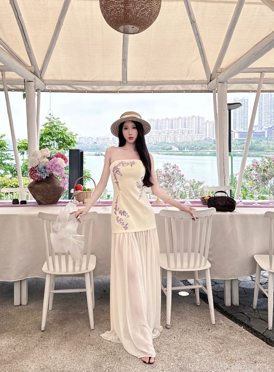 Customer photo review of Hydrae Strapless Embroidered Mesh Panel Maxi Dress