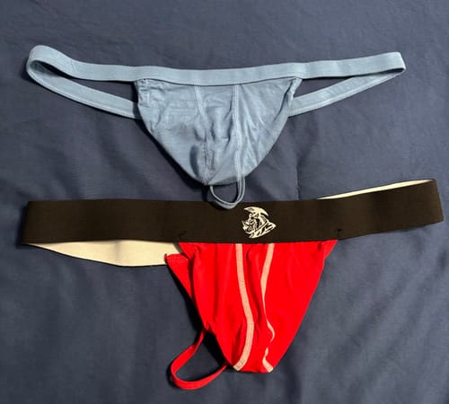 Customer's review photo comparing a light blue thong to the red Nylon Mesh Thong.