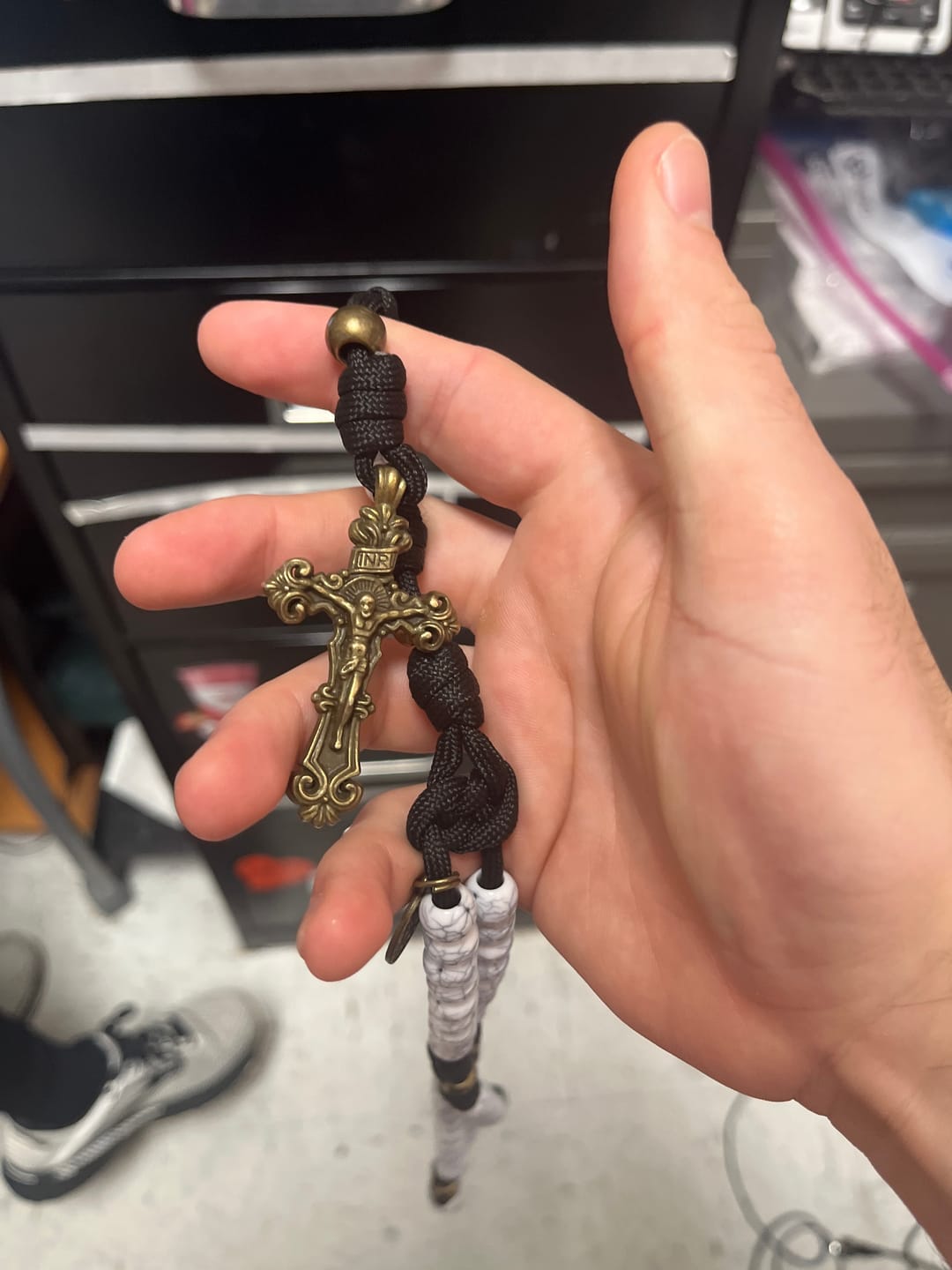 Customer photo review of FREE Today: Matte White Crackle Beads with Ornate Brass Crucifix Rosary, Pocket Rosary